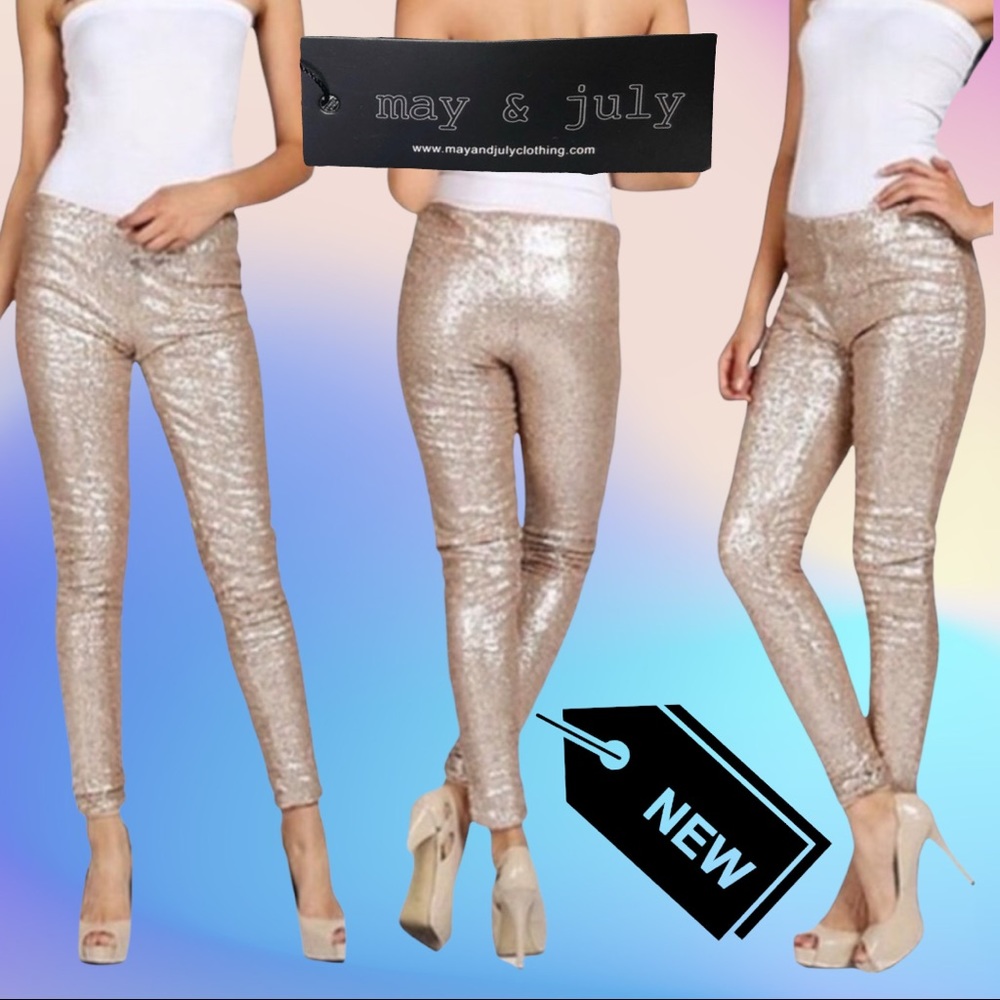 NWT MAY & JULY Gold Sequin Pants Sz Medium